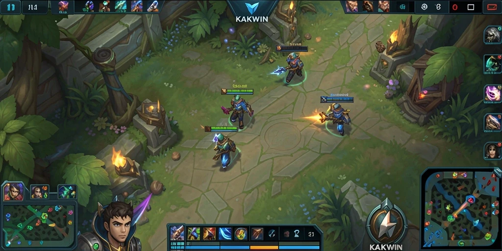 Screenshot gameplay KAKWIN menampilkan aksi pertarungan MOBA yang mendebarkan.
